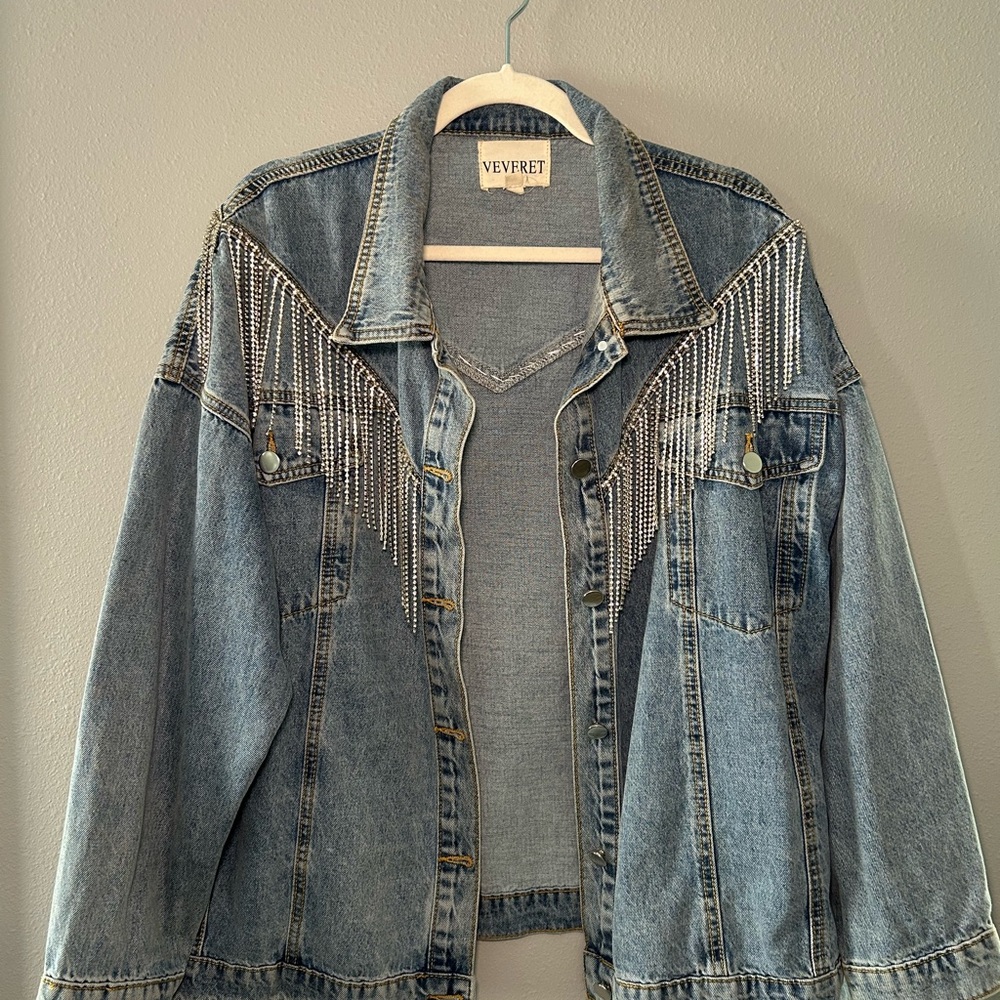 Veveret Rhinestone Fringe Denim Jacket